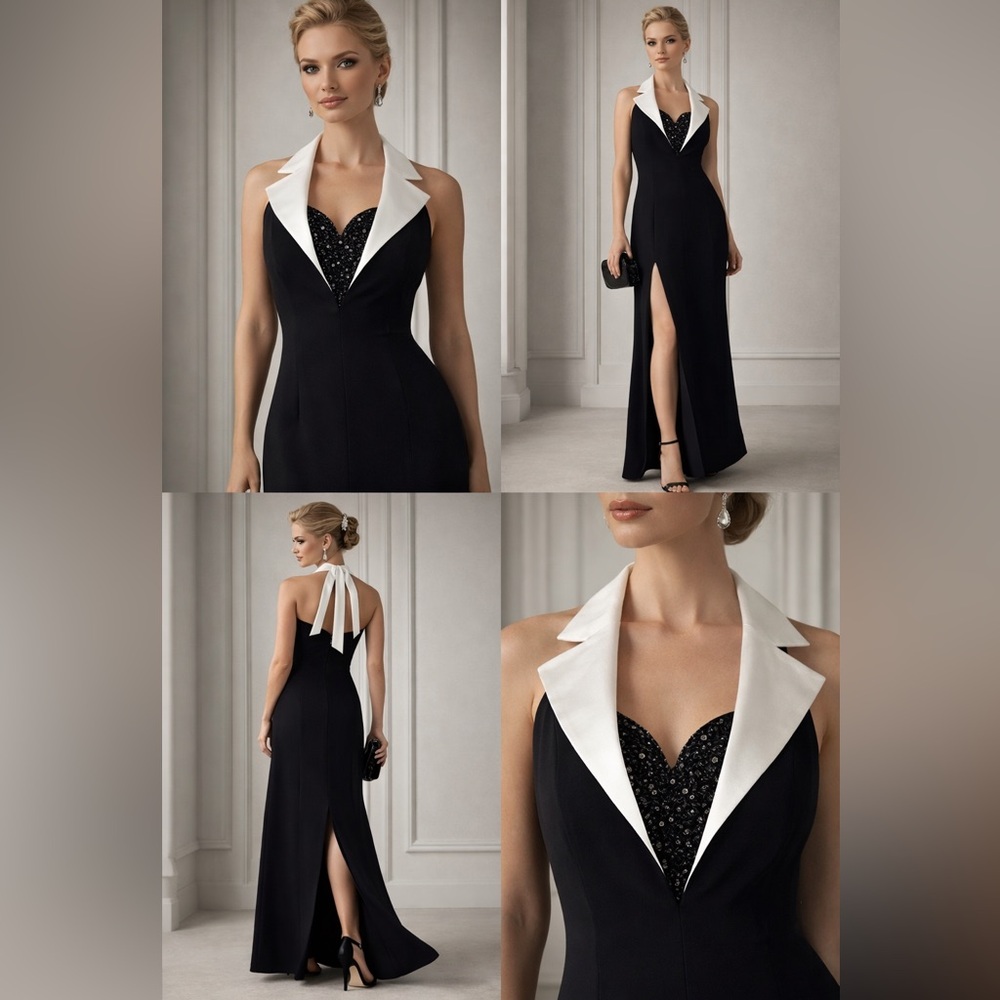 Vintage Evan Beauty Black White Satin Collar Evening Gown Beaded Size 6